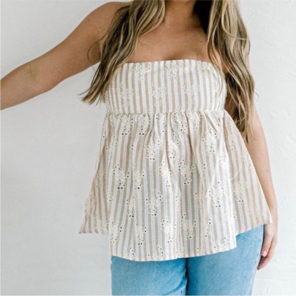 By Together Beige and White Strapless Blouse